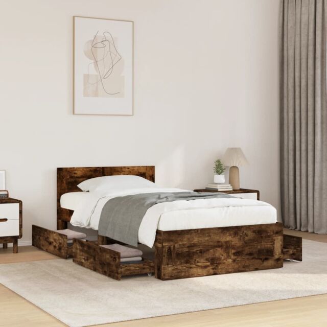 Berkfield Home Bed Frame with Headboard without Mattress Smoked Oak 75x190 cm Small Single in Brown - image 1