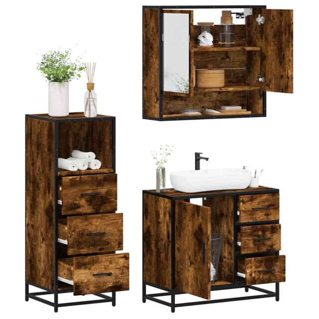 Berkfield Home 3 Piece Bathroom Furniture Set Smoked Oak Engineered Wood in Brown - image 1