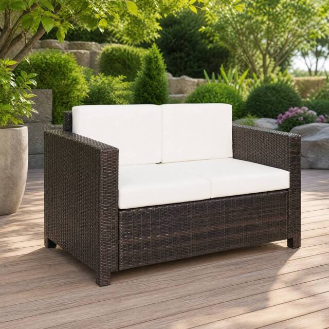 STILVORA Two Seater Sofa with Rattan Finish & Cushions in Brown - image 1