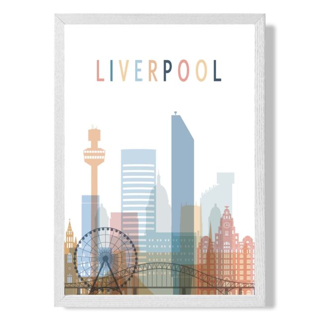 ARTZE Liverpool Colourful City Skyline Framed Print SIZE: A3 with White Frame in Pale Blue - Size: A4 - image 1