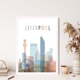 ARTZE Liverpool Colourful City Skyline Framed Print SIZE: A3 with White Frame in Pale Blue - Size: A4 - thumbnail 2
