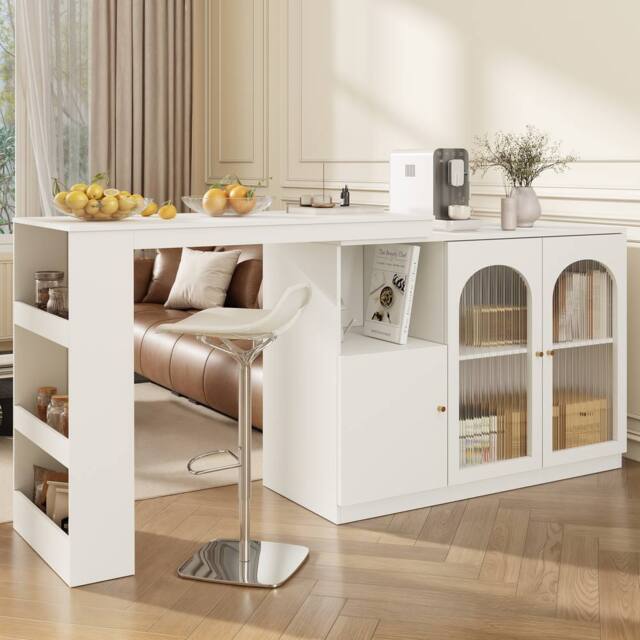 BTM 360° rotating bar table with storage cabinet & glass door in White - image 1