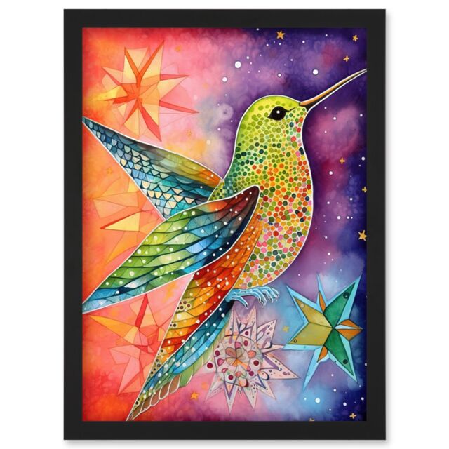 Artery8 Hummingbird In Vibrant Astral Field Folk Art Watercolour Painting Artwork Framed Wall Art Print A4 in Black - image 1