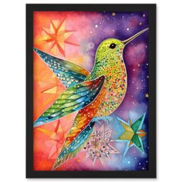 Artery8 Hummingbird In Vibrant Astral Field Folk Art Watercolour Painting Artwork Framed Wall Art Print A4 in Black - thumbnail 1