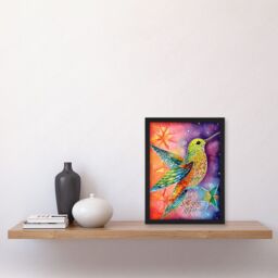 Artery8 Hummingbird In Vibrant Astral Field Folk Art Watercolour Painting Artwork Framed Wall Art Print A4 in Black - thumbnail 2