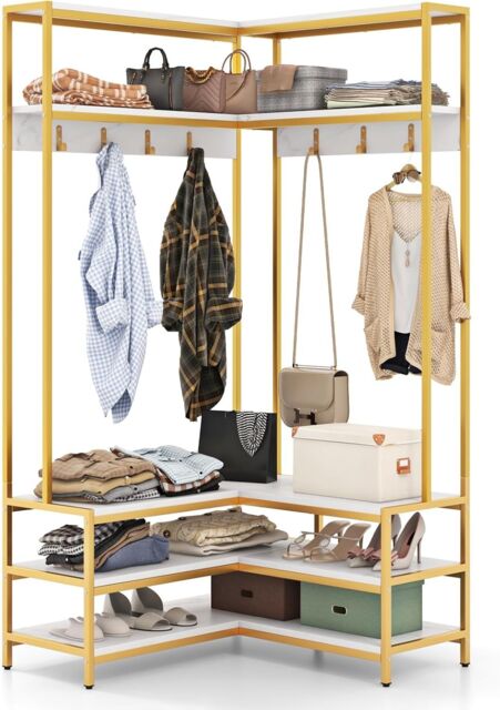 Gymax L-shaped Clothes Rack Corner Shoe Bench With Open Shelves & 7 Hooks in White - image 1