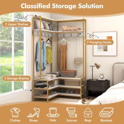 Gymax L-shaped Clothes Rack Corner Shoe Bench With Open Shelves & 7 Hooks in White - thumbnail 2