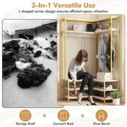 Gymax L-shaped Clothes Rack Corner Shoe Bench With Open Shelves & 7 Hooks in White - thumbnail 4