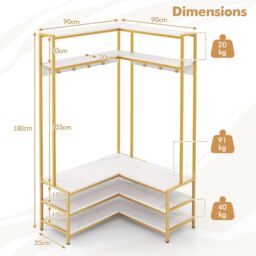 Gymax L-shaped Clothes Rack Corner Shoe Bench With Open Shelves & 7 Hooks in White - thumbnail 3