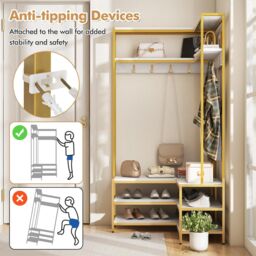Gymax L-shaped Clothes Rack Corner Shoe Bench With Open Shelves & 7 Hooks in White - thumbnail 6