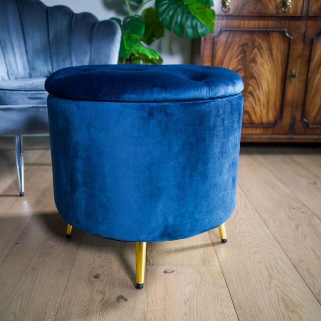 Madison & Mayfair Blue Brooklyn Velvet Ottoman Stool with Gold Legs - image 1