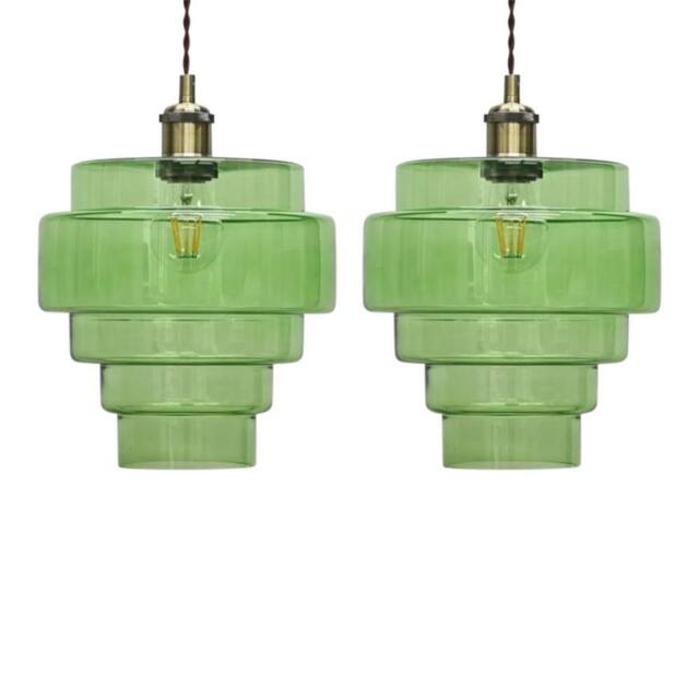 First Choice Lighting Set of 2 Benson - 5 Tier Green Glass Easy Fit Pendant Lightshades - image 1