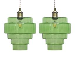 First Choice Lighting Set of 2 Benson - 5 Tier Green Glass Easy Fit Pendant Lightshades - thumbnail 1