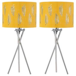 First Choice Lighting Set of 2 Tripod Table Lamps with Ochre Fern Cut Out Shades in Silver - thumbnail 1