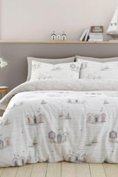 Fusion 'Beach Huts' Summer Seaside Print Duvet Cover Set in Natural - Size: King - thumbnail 1