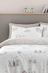 Fusion 'Beach Huts' Summer Seaside Print Duvet Cover Set in Natural - Size: King - thumbnail 2