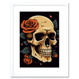"Artery8 Wall Art Print Skull Roses Dark Old School USA Tattoo Ink Body Rockabilly Americana 50s Artwork Framed 9X7 Inch in White - Size: W7"" x H9""" - thumbnail 1