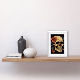 "Artery8 Wall Art Print Skull Roses Dark Old School USA Tattoo Ink Body Rockabilly Americana 50s Artwork Framed 9X7 Inch in White - Size: W7"" x H9""" - thumbnail 2
