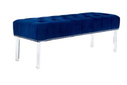 Orsina Contemporary Black Velvet Bench, Button Tufted Upholstered Bench with Clear Acrylic Legs, Hallway Seating in Blue - thumbnail 2
