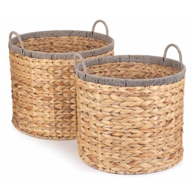 Red Hamper Water Hyacinth Set of 2 Round Water Hyacinth Basket With Grey Rope Border in Brown - image 1