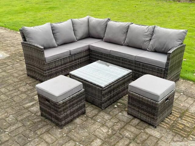 Fimous High Back Rattan Corner Sofa Set Outdoor Furniture Square Coffee Table 2 Small Footstools 8 Seater in Dark Grey - image 1