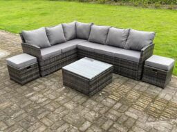 Fimous High Back Rattan Corner Sofa Set Outdoor Furniture Square Coffee Table 2 Small Footstools 8 Seater in Dark Grey - thumbnail 2
