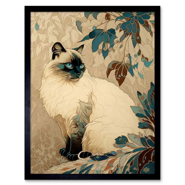 "Artery8 Wall Art Print Blue Point Ragdoll Cat & Plant Pattern Art Nouveau Modern Art Framed in Black - Size: W12"" x H16""" - image 1