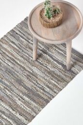 Homescapes Denver Leather Woven Hall Runner, 66 x 200 cm in Grey - Size: 66 cm x 200 cm