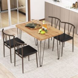 Costway 5-Piece Dining Table Set Industrial Rectangular Kitchen Table in Light Oak - thumbnail 6