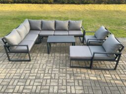 Fimous Aluminium Garden Furniture Set Outdoor Indoor Lounge Corner Sofa 2 Pcs Chair Oblong Coffee Table Sets with Big Footstool Dark Grey - thumbnail 2