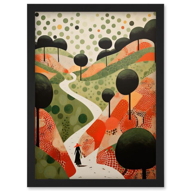 Artery8 Wall Art Print Walk on the Countryside Hill Path Folk Art Oil Painting Red Orange Green Abstract Landscape Artwork Framed A4 in Black - image 1