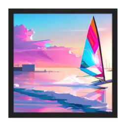 Artery8 Wall Art Print Pink Skies Seascape Windsurfer Windsurfing Bright Vibrant Watercolour Sport Square Framed Picture 16X16 Inch - thumbnail 1