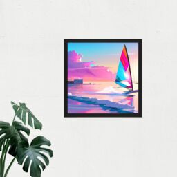 Artery8 Wall Art Print Pink Skies Seascape Windsurfer Windsurfing Bright Vibrant Watercolour Sport Square Framed Picture 16X16 Inch - thumbnail 2