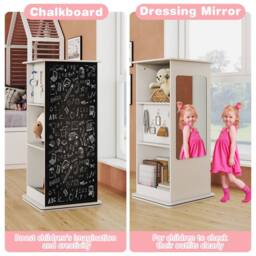 Costway Kids Rotating Bookshelf 360° Spinning Wooden Bookcase w/Chalkboard in White - thumbnail 6