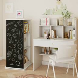 Costway Kids Rotating Bookshelf 360° Spinning Wooden Bookcase w/Chalkboard in White - thumbnail 9