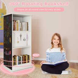 Costway Kids Rotating Bookshelf 360° Spinning Wooden Bookcase w/Chalkboard in White - thumbnail 5