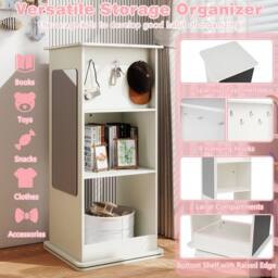 Costway Kids Rotating Bookshelf 360° Spinning Wooden Bookcase w/Chalkboard in White - thumbnail 4