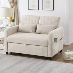 BTM 2 Seater Sofa Bed Pull Out Adjustable Backrest Convertible Sofa in Beige - thumbnail 5