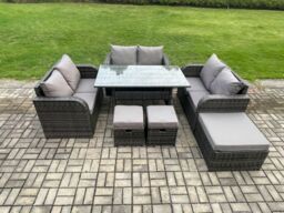 Fimous 9 Seater Outdoor Rattan Garden Furniture Set with Patio Rectangular Dining Table Love Sofa 3 Footstools Dark Grey Mixed - thumbnail 1