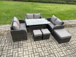 Fimous 9 Seater Outdoor Rattan Garden Furniture Set with Patio Rectangular Dining Table Love Sofa 3 Footstools Dark Grey Mixed - thumbnail 2