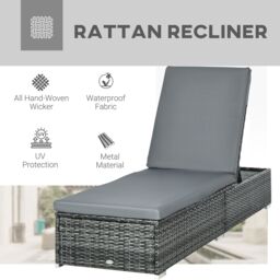 OUTSUNNY PE Rattan Sun Lounger, Five-level Adjustable Recliner Bed Chair with Soft Padded Cushion for Patio, Garden in Dark Grey - thumbnail 4
