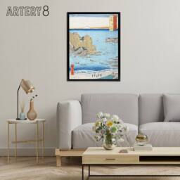 "Artery8 Shimosa Province Choshi Beach Framed Canvas Wall Art Print Hiroshige in Blue - Size: W12"" x H16""" - thumbnail 3