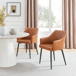 FurnitureboxUK Set of 2 Calla Tan Faux Leather Dining Chairs With Black Metal Blacks - thumbnail 2