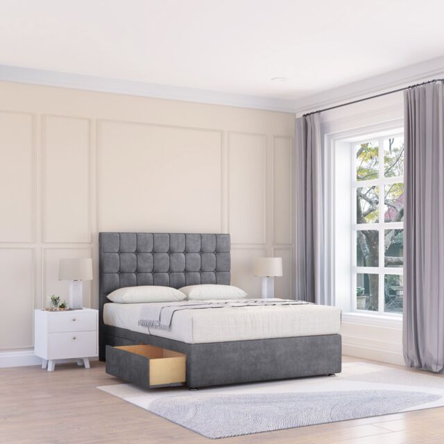 "Sloomy Alabama Coniston Bed Set With 4 Drawers, Mattress & 26"" Headboard in Dark Grey - Size: Double" - image 1