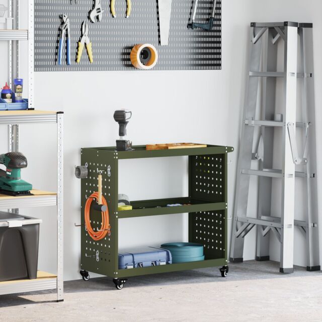 Berkfield Home Tool Trolley with Shelf with Wheel Olive green Medium Powder-coated steel - image 1