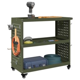 Berkfield Home Tool Trolley with Shelf with Wheel Olive green Medium Powder-coated steel - thumbnail 3