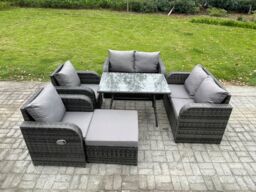 Fimous Wicker PE Rattan Garden Dining Set Outdoor Furniture Sofa with Rectangular Dining Table Big Footstool Dark Grey Mixed - thumbnail 1