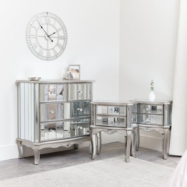 Melody Maison Bedroom Furniture, Silver Mirrored Chest Of Drawers & Pair Of Bedside Tables - Tiffany Range in Metallic Silver - image 1