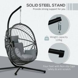 OUTSUNNY Hanging Swing Chair with Thick Cushion, Rope Structure Patio Hanging Chair, Grey - thumbnail 4