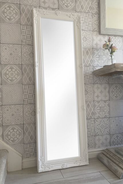 Downton Interiors Antique Style Plain White Tall Ornate Dressing Wall Mirror with Bevelled Glass 142cm - image 1